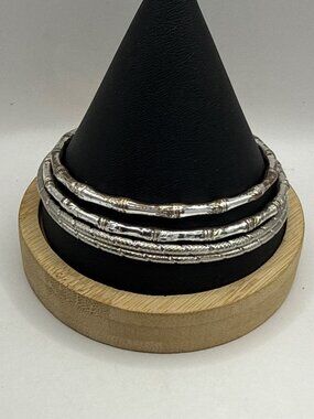 Silver Bamboo Bangle Set 4 Stackable Minimalist Boho Jewelry